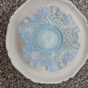 Vintage Turquoise Fenton Ruffled  Glass Candy Dish